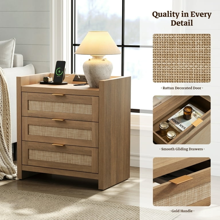 Nightstand Integrated Power Rattan Panels Boho Charging Station