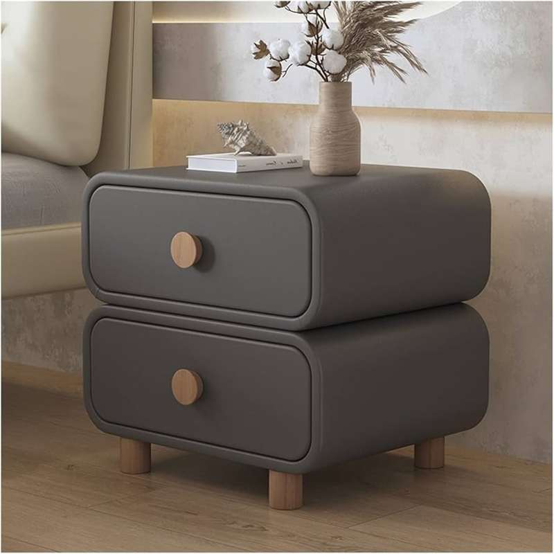 Nightstand Leather Like Wrap Wood Grain Drawers Raised Top Industrial