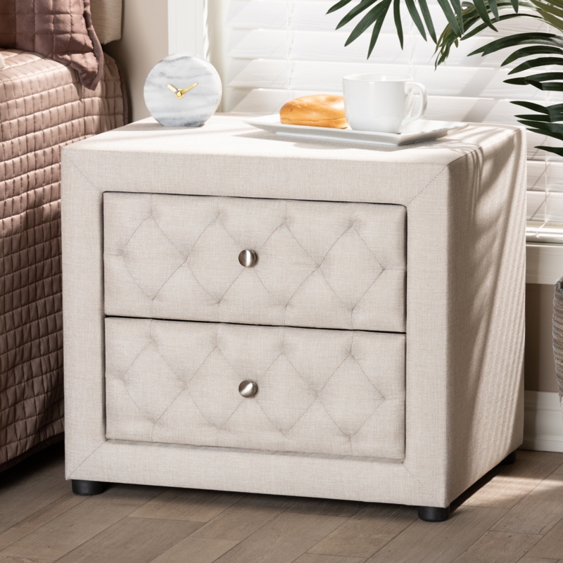 Nightstand Light Beige Fabric Upholstered Body Dark Splayed Legs