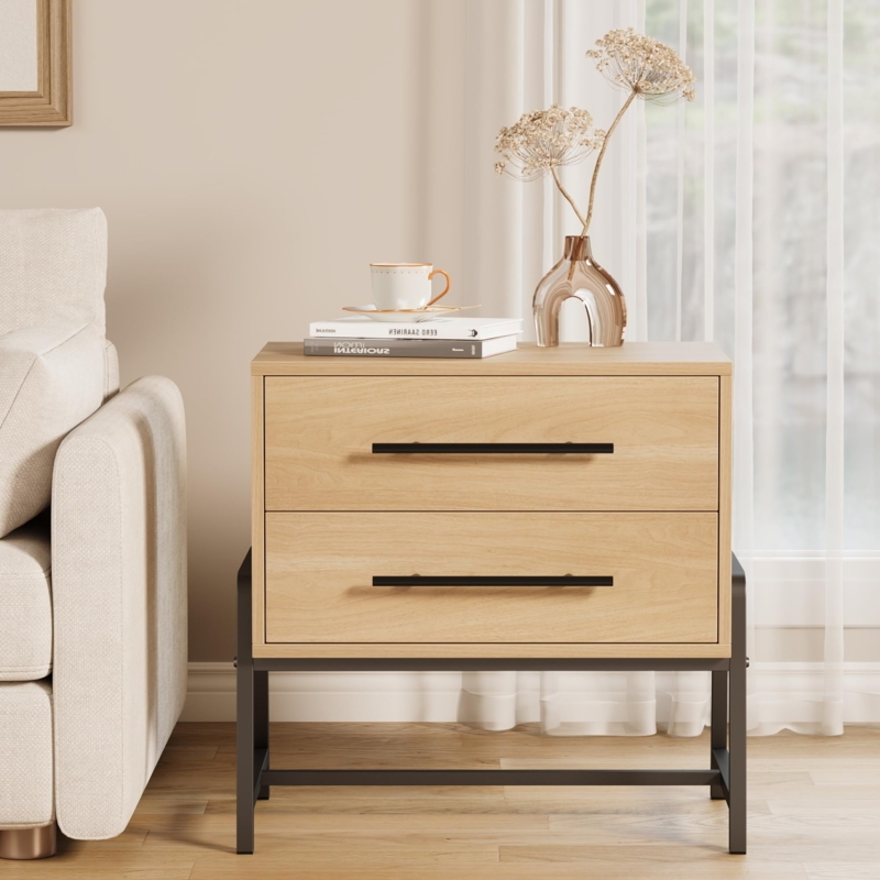 Nightstand Light Oak Finish Two Drawers Black Metal Splayed Legs