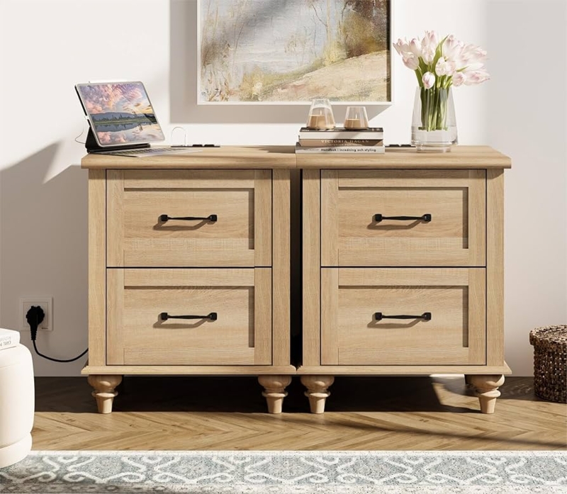 Nightstand Light Oak Integrated Outlets Black Hardware Farmhouse