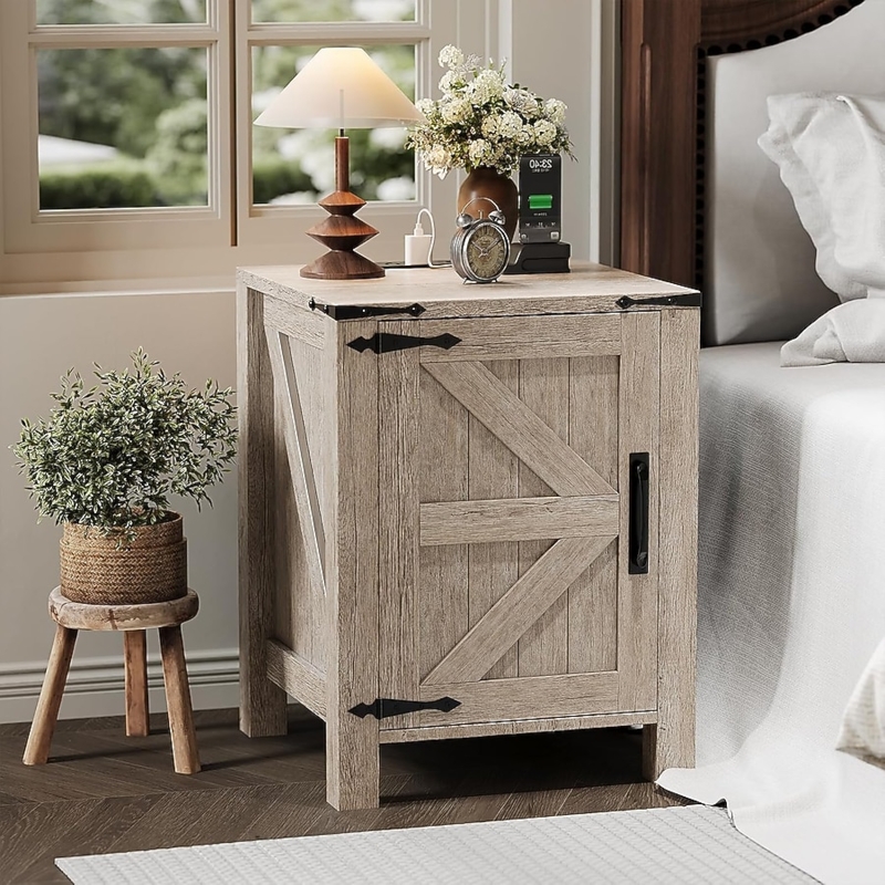 Nightstand Light Oak Sliding Barn Door Black Hardware Rustic Farmhouse