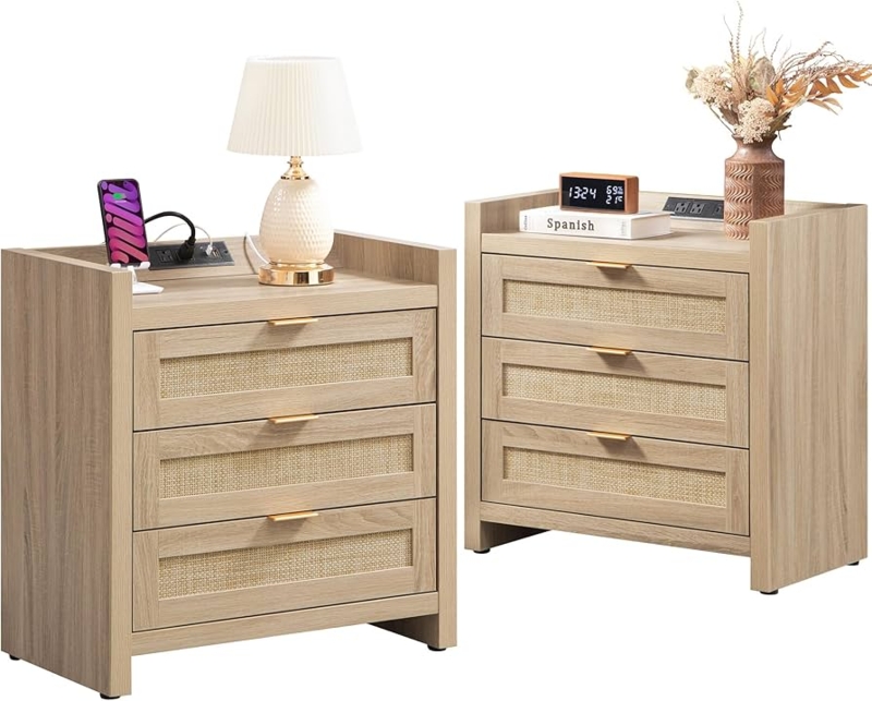 Nightstand Light Oak Woven Rattan Drawer Boho Accent Table