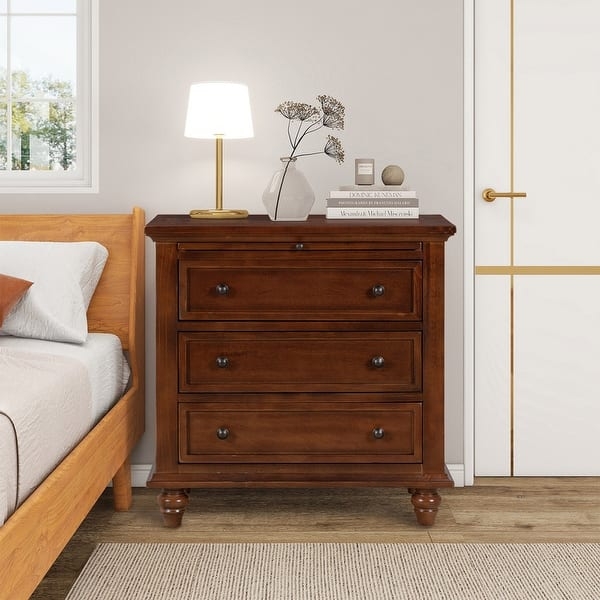 Nightstand Light Wood Farmhouse Three Drawers Pull Out Tray