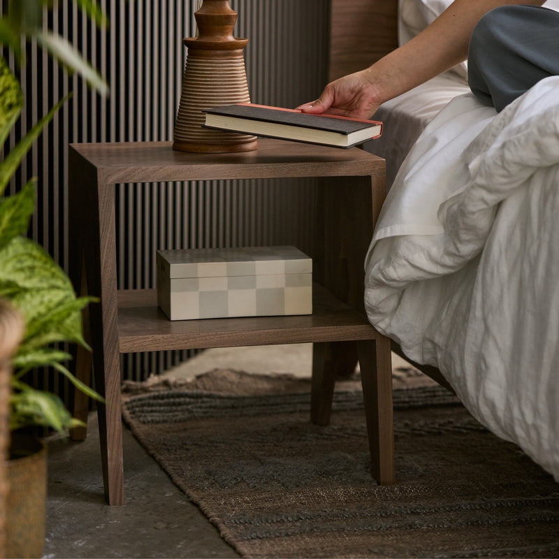 Nightstand, Light Wood Rounded Posts, Two Tier Open Shelving Minimalist Style