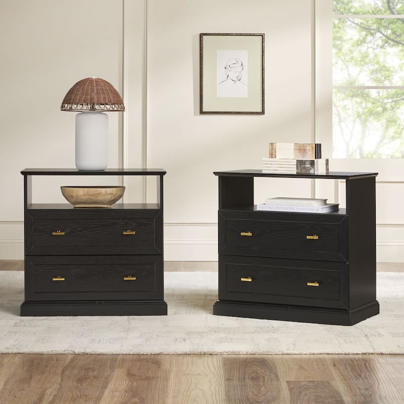 Nightstand Matte Black Finish Cup Pulls Two Drawers Open Shelf Farmhouse
