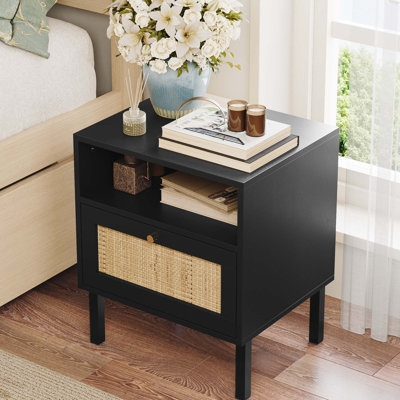 Nightstand Matte Black Frame Rattan Door Open Shelf Modern Boho