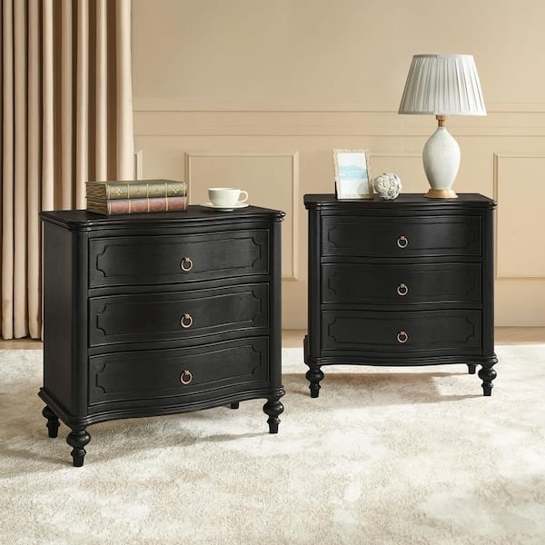 Nightstand Matte Black Three Drawers Built-in Outlets Wood Legs