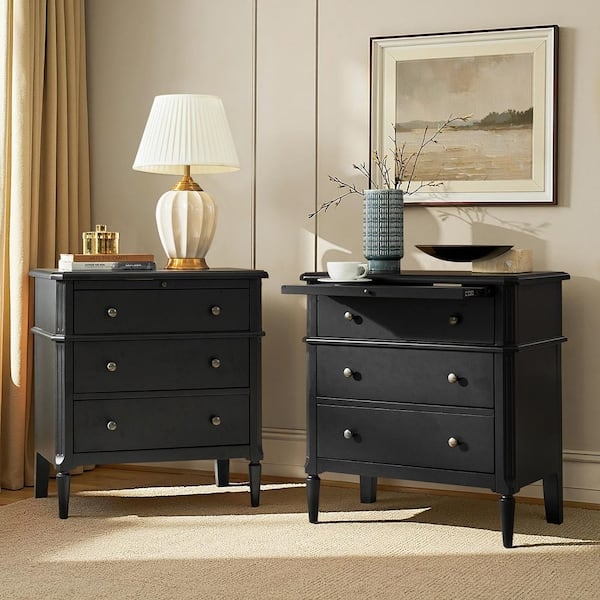 Nightstand Matte Black Three Drawers Gold Circular Pulls Modern Glam