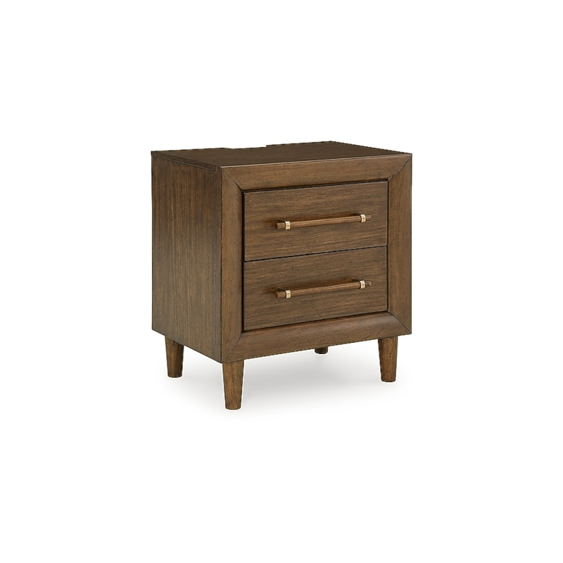 Nightstand Medium Brown Wood USB Charging Ports Metal Pulls