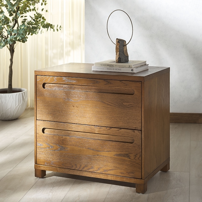 Nightstand Medium Oak Mid-Century Style Splayed Legs Recessed Pulls