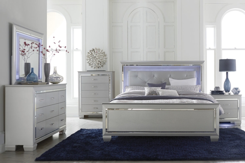 Nightstand, Metallic Finish with Mirrored Inlay Trim, Crystal Knobs