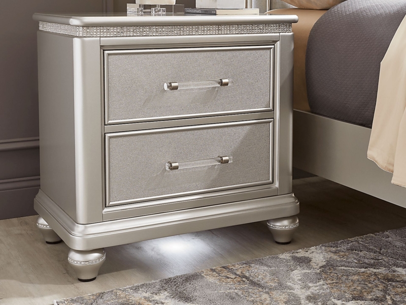 Nightstand, Metallic Gray with Embossed Geometric Fronts