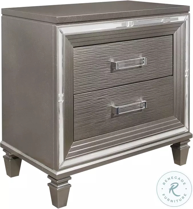Nightstand, Metallic Gray with Mirrored Trim, Crystal Knobs