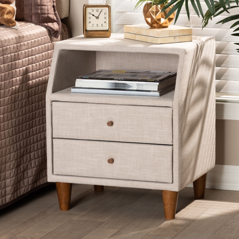 Nightstand Mid Century Beige Fabric Upholstered Frame Splayed Legs