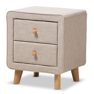 Nightstand Mid Century Buff Beige Linen Fabric Splayed Wood Legs