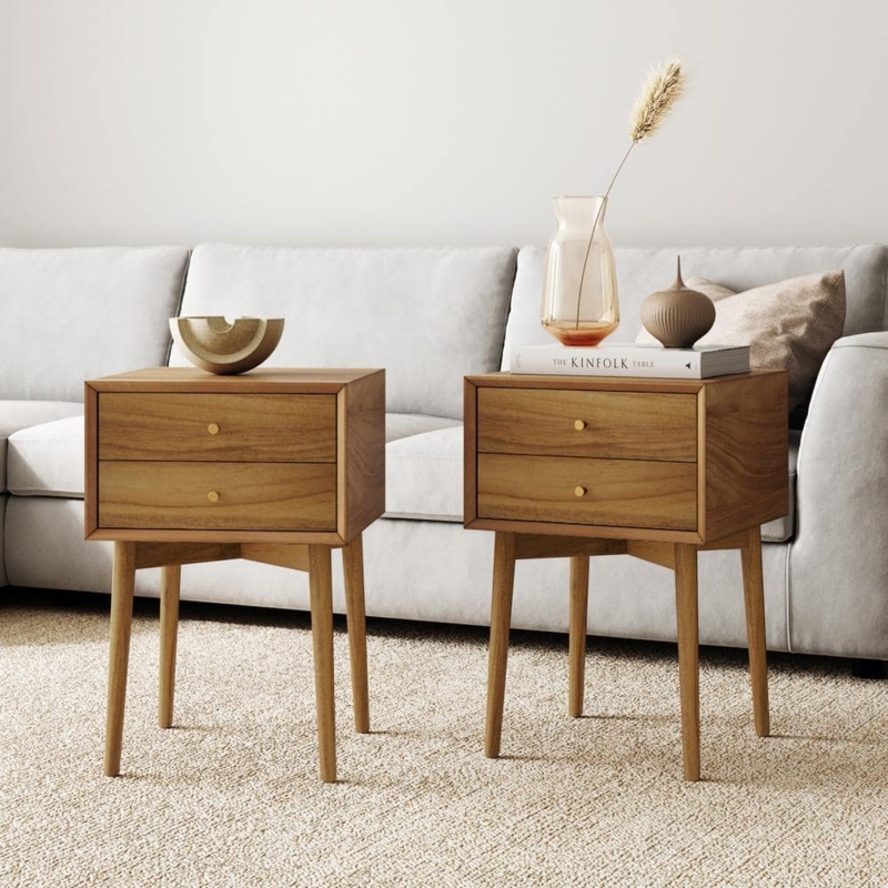 Nightstand Mid-Century Modern Brown Wood Two Drawer Tapered Legs