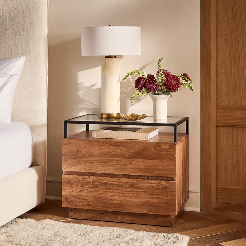 Nightstand Mid-Century Modern Dark Wood Grain Brass Hardware