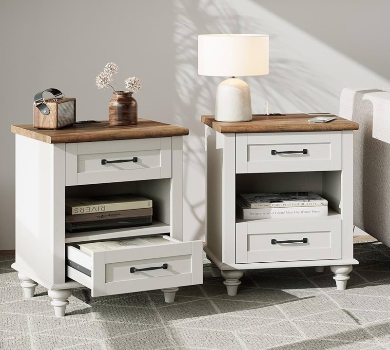 Nightstand Mid Century Two Tone Integrated Outlets Splayed Legs