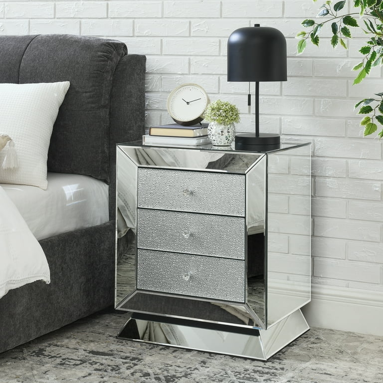 Nightstand, Mirrored Finish with Beveled Edges, Crystal Handles
