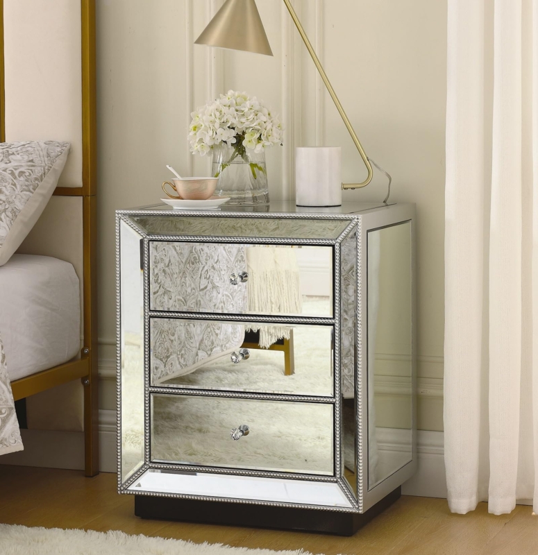 Nightstand, Mirrored Finish with Crystal Knobs, 3-Drawer Bedside Table