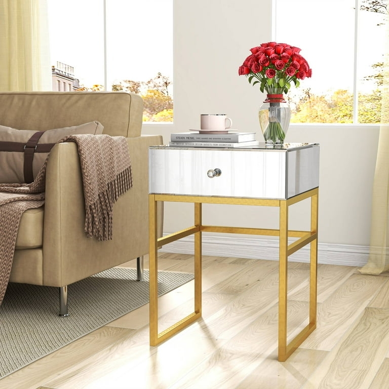Nightstand Mirrored Finish with Single Drawer and Crystal Knob