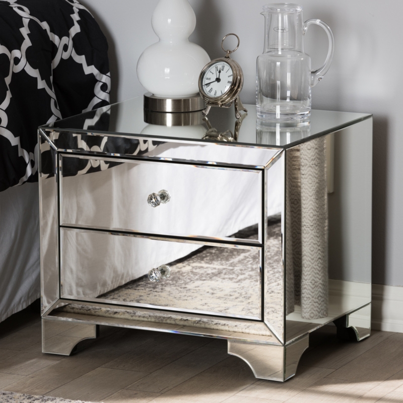 Nightstand Mirrored with Champagne Gold Trim and Tapered Legs