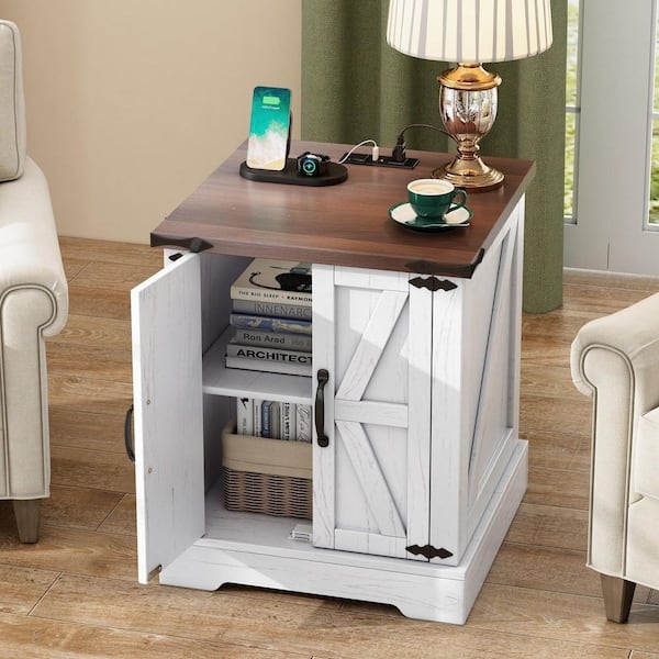 Nightstand Modern Farmhouse Sliding Barn Door Cabinet Charging
