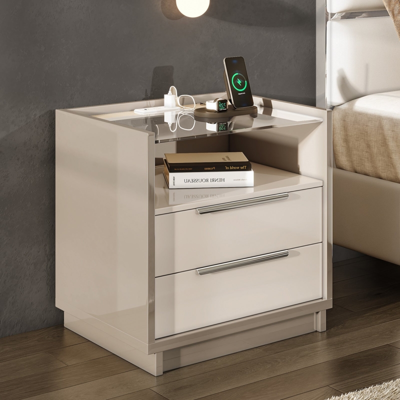 Nightstand Modern High Gloss Finish White and Gray Two-Tone