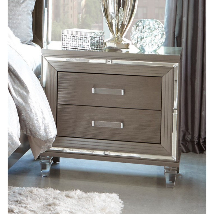 Nightstand, Modern Metallic with Clear Acrylic Legs, Faceted Pulls