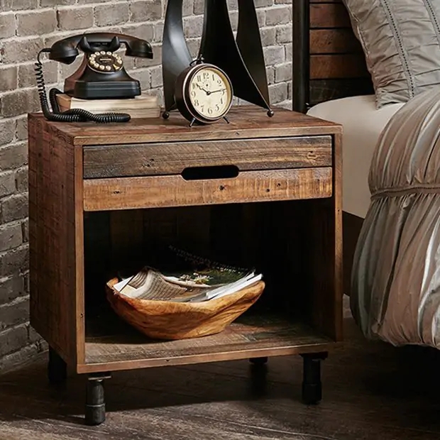 Nightstand: Multi Toned Wood Drawers with Black Metal Frame
