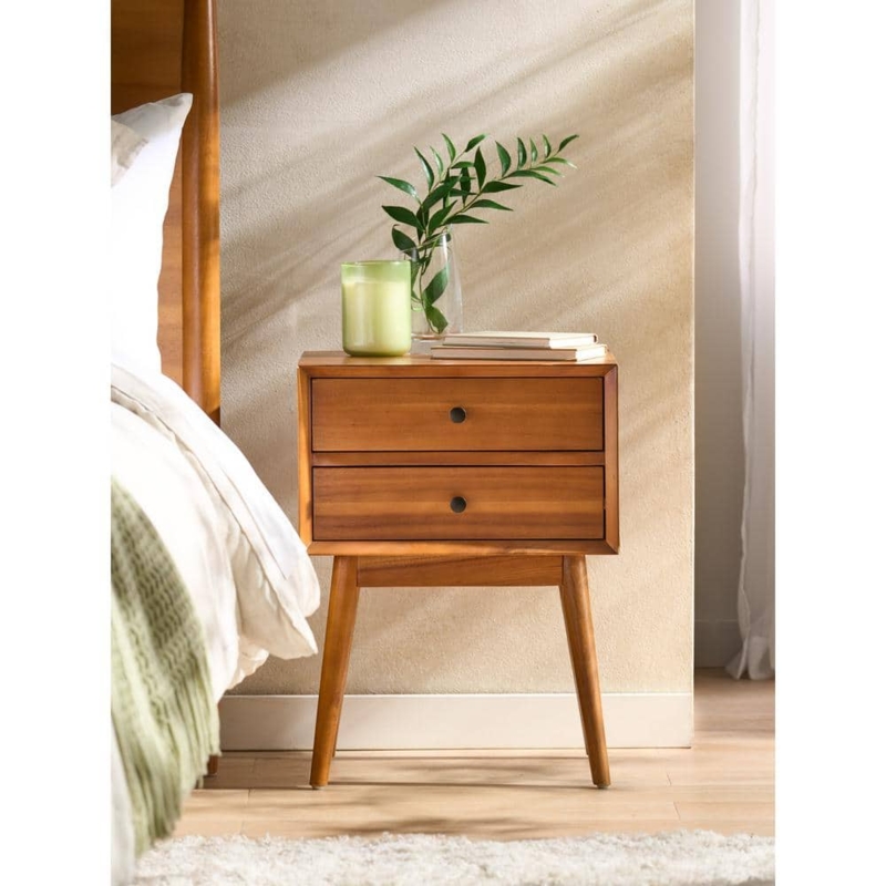 Nightstand Natural Acacia Wood Grain Splayed Legs Gold Pulls