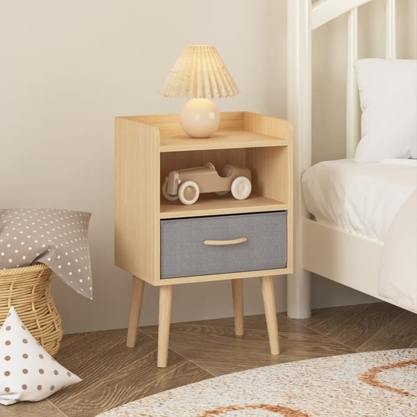 Nightstand Natural Finish Fabric Drawer Compact Silhouette Small Storage
