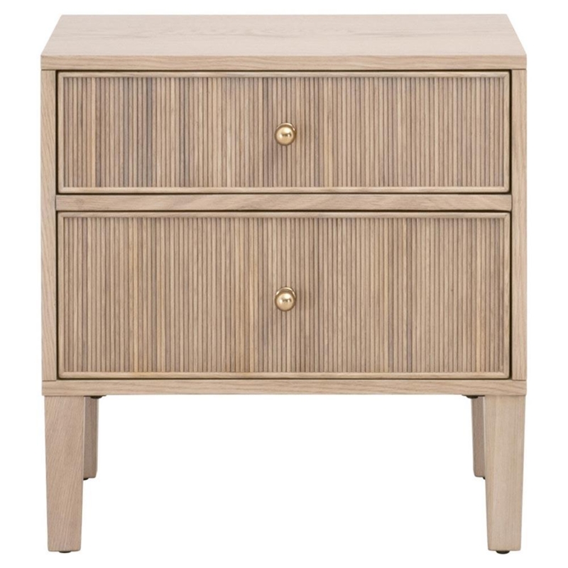 Nightstand Natural Oak Finish Minimalist Iron Pulls Two Drawer Bedside