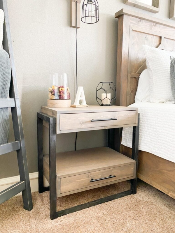 Nightstand Natural Wood Slatted Shelf Single Drawer Chunky Legs Rustic