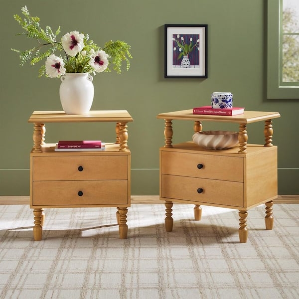 Nightstand Natural Wood Spindle Legs Two Drawers Mid Century Modern