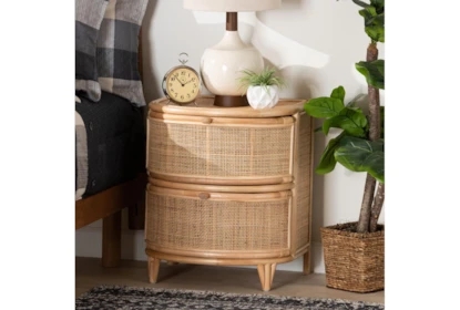 Nightstand Natural Wood Tapered Legs Mid-Century Modern Rattan