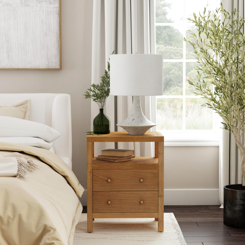 Nightstand Natural Wood Two Drawers Recessed Panels Scandinavian Style