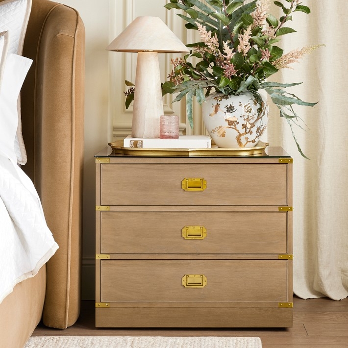 Nightstand Navy Blue Campaign Style Brushed Gold Recessed Pulls