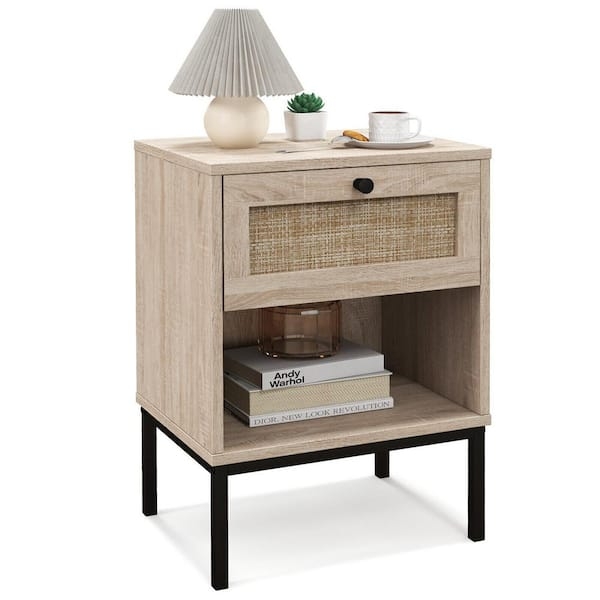 Nightstand Oak Finish Woven Rattan Drawer Open Shelf Boho Decor