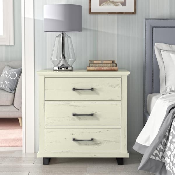 Nightstand Off White Saw Cut Texture Three Drawer Farmhouse Bedside