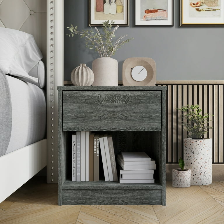 Nightstand One Drawer Open Cubby Tapered Legs Mid-Century Minimalist