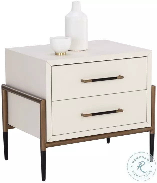 Nightstand Open Cubby Cream Textured Fronts Antique Brass Legs