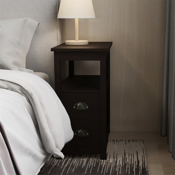 Nightstand, Open Cubby Two Drawers Espresso Brown Transitional Bedside