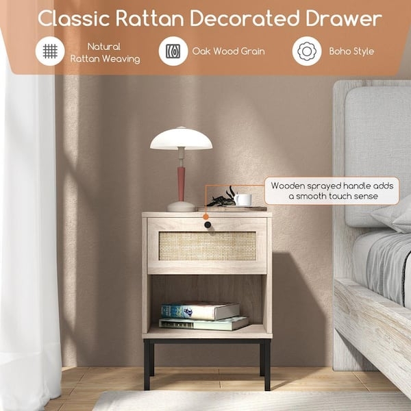 Nightstand Open Shelf Design Rattan Drawer Light Oak Boho Accent
