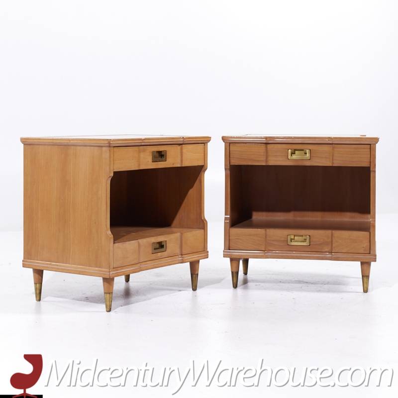 Nightstand Pair Brass Perimeter Trim Walnut Finish Three Drawers