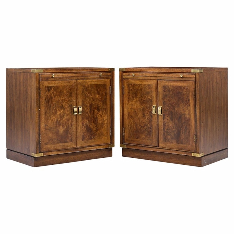 Nightstand Pair Burlwood Veneer Three Drawers Brass Accents