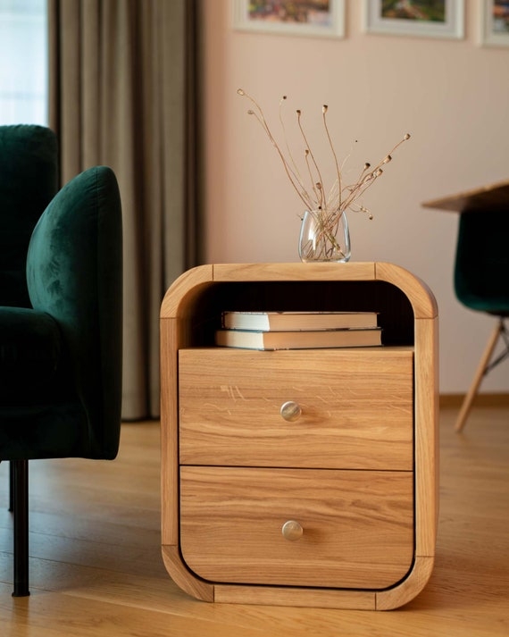 Nightstand Pair in Natural Oak with Open Shelf and Tapered Legs