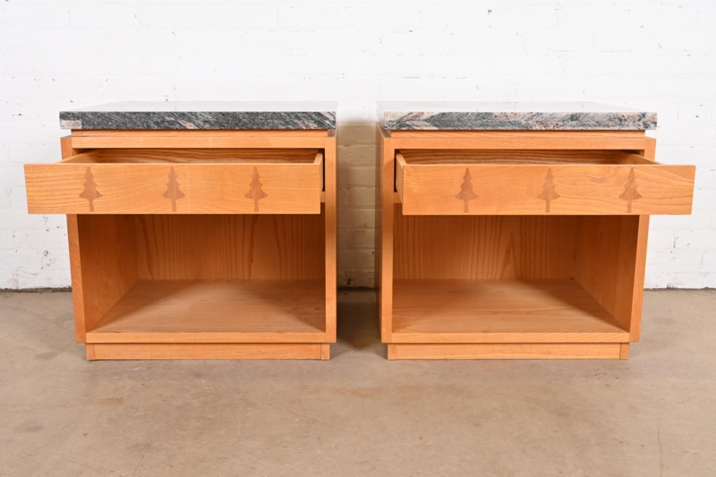 Nightstand Pair with Geometric Wood Inlay and Marble Tops.