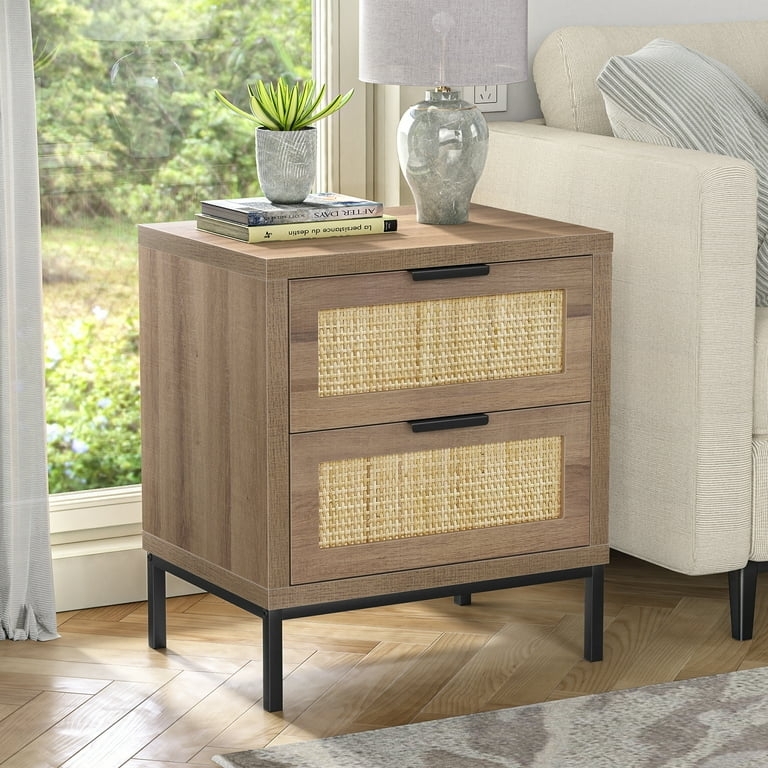Nightstand Rattan Cane Drawers Light Wood Tapered Legs Boho Storage